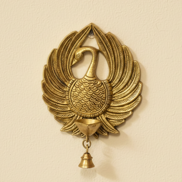 Handcrafted Brass Peacock Wall Hanging with Diya & Bell | Traditional Indian Wall Décor