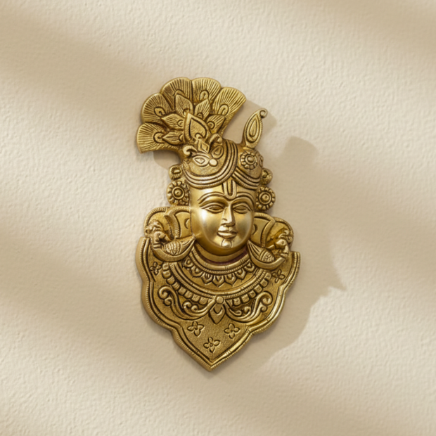 Handcrafted Brass Lord Krishna Face Wall Hanging | Peacock Feather Divine Wall Décor