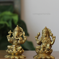 Handcrafted Brass Lakshmi Ganesha Idols – Set of 2 on Lotus Bases