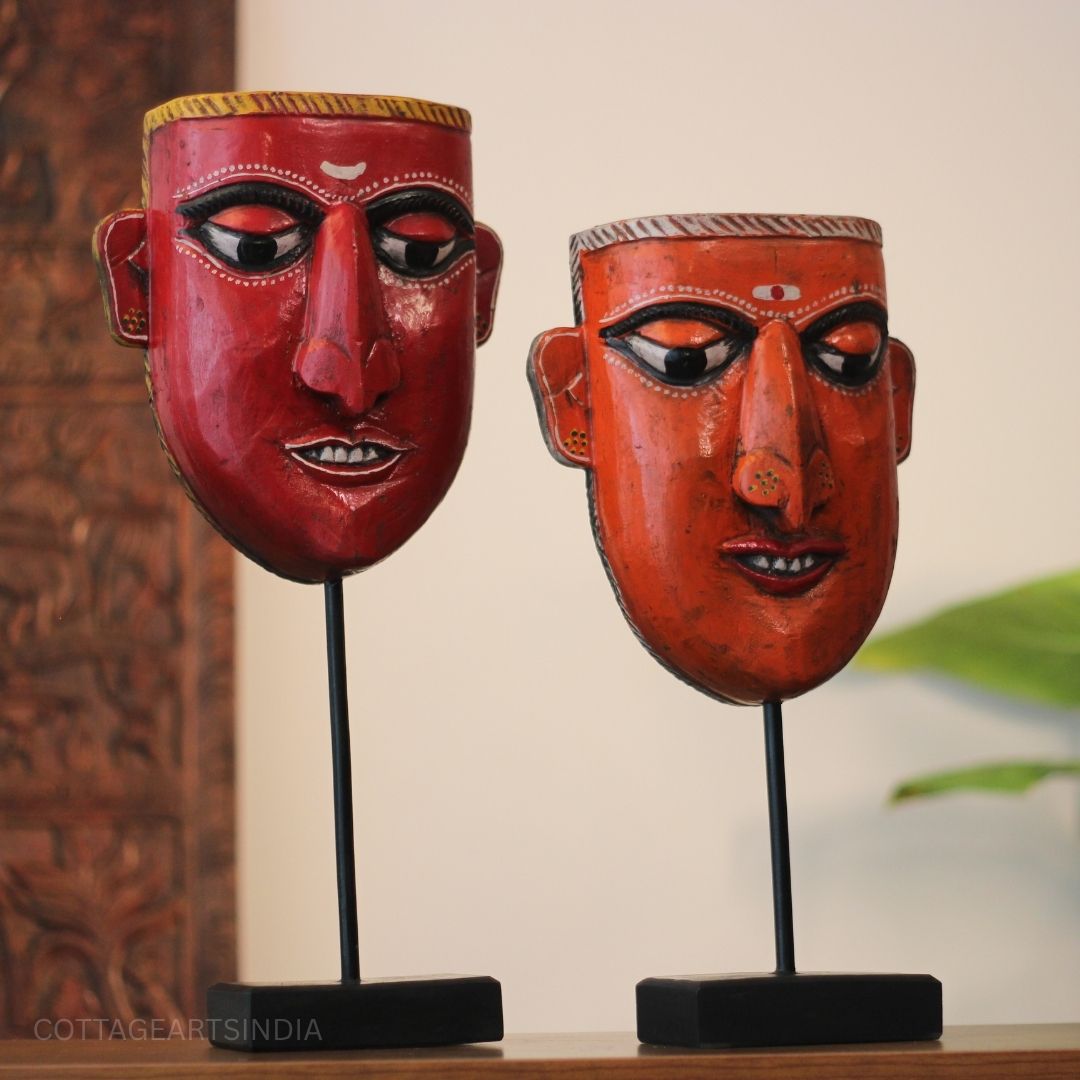 Set of 2 Vintage Kummattikali Wooden Masks on Stand