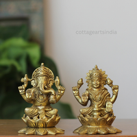 Handcrafted Brass Lakshmi Ganesha Idols – Set of 2 on Lotus Bases