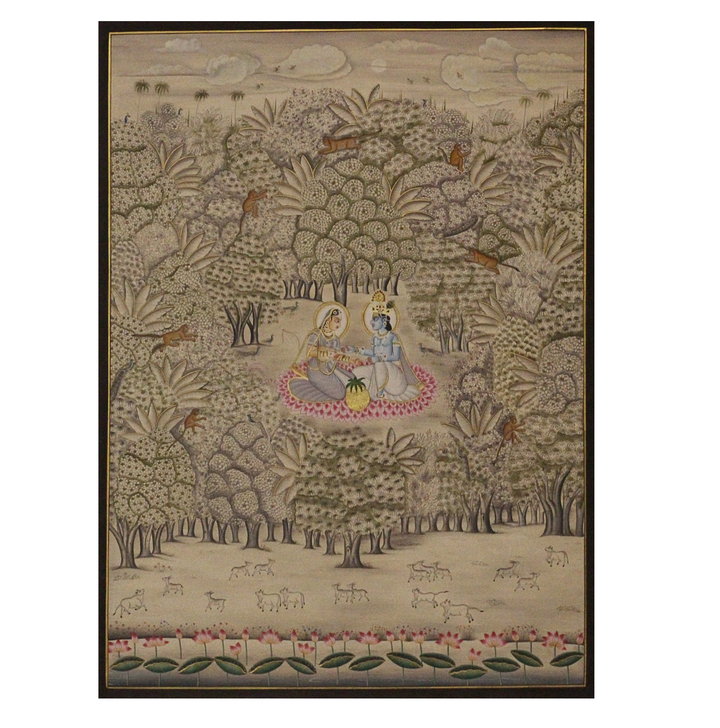 Radha Krishna in Vrindavan Forest – Traditional Pichwai Style Indian Miniature Painting