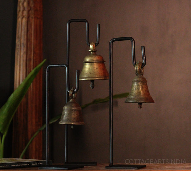 Vintage Brass Bells Set of 3 on Stand