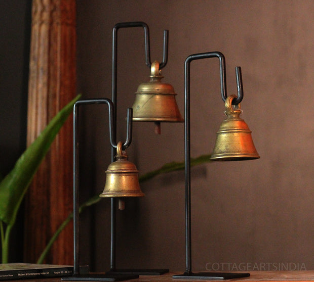 Vintage Brass Bells Set of 3 on Stand