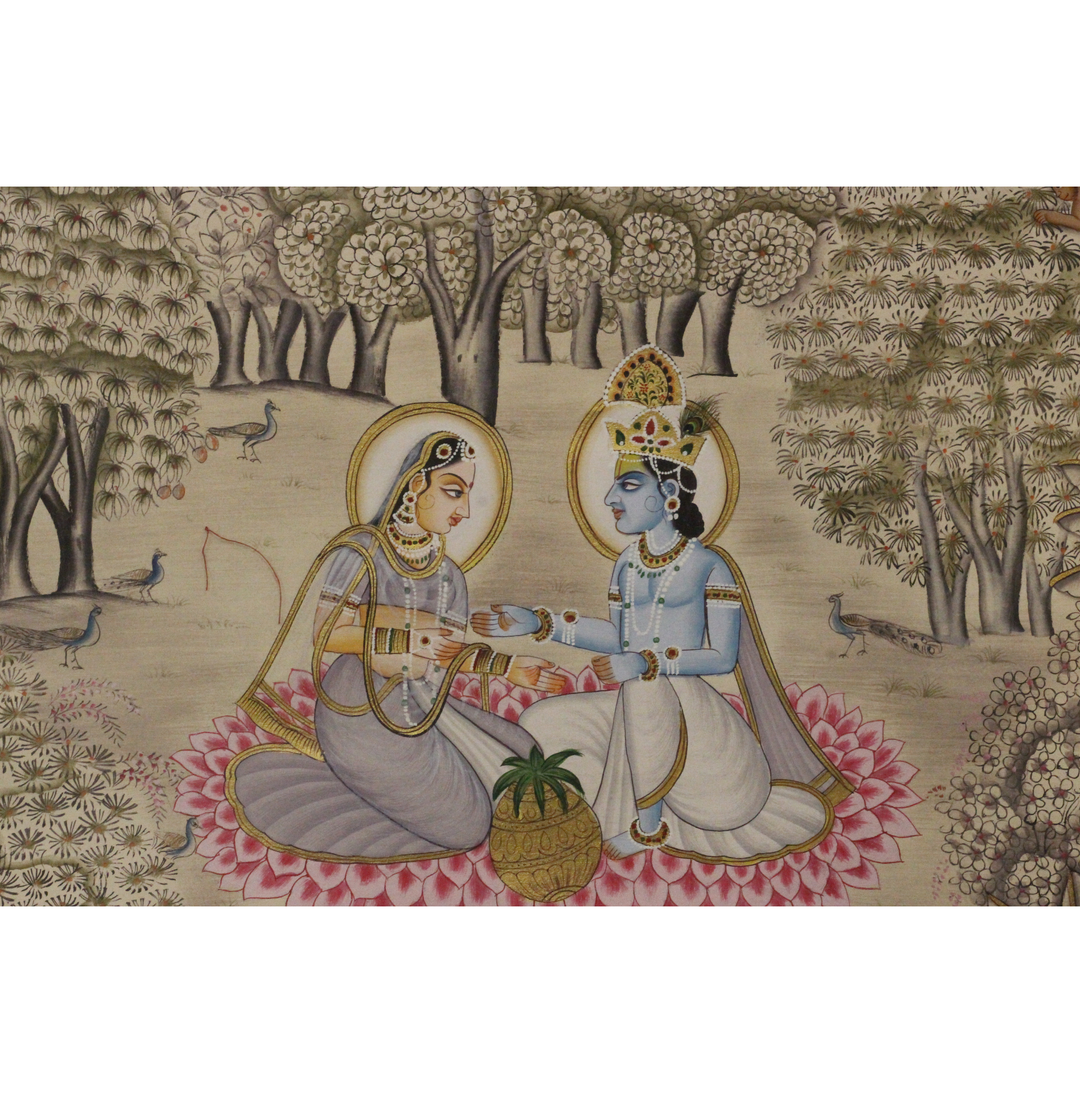Radha Krishna in Vrindavan Forest – Traditional Pichwai Style Indian Miniature Painting