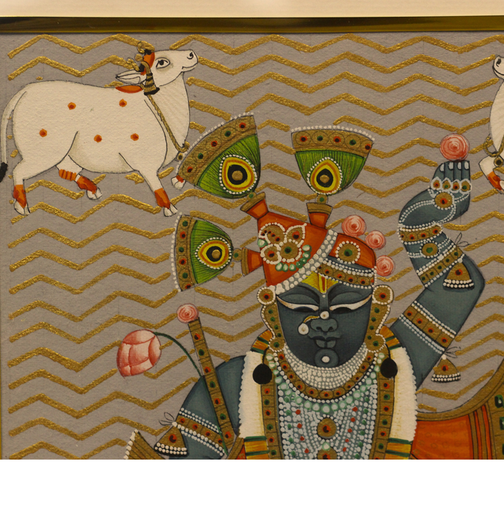 Sacred Shrinathji Pichwai Painting with Gold Accents on Paper