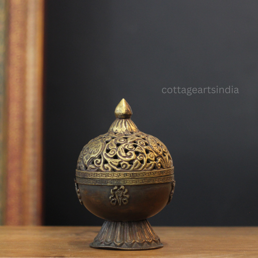 Antique Finished Copper & Brass Dhoop Dani with Tibetan Motifs
