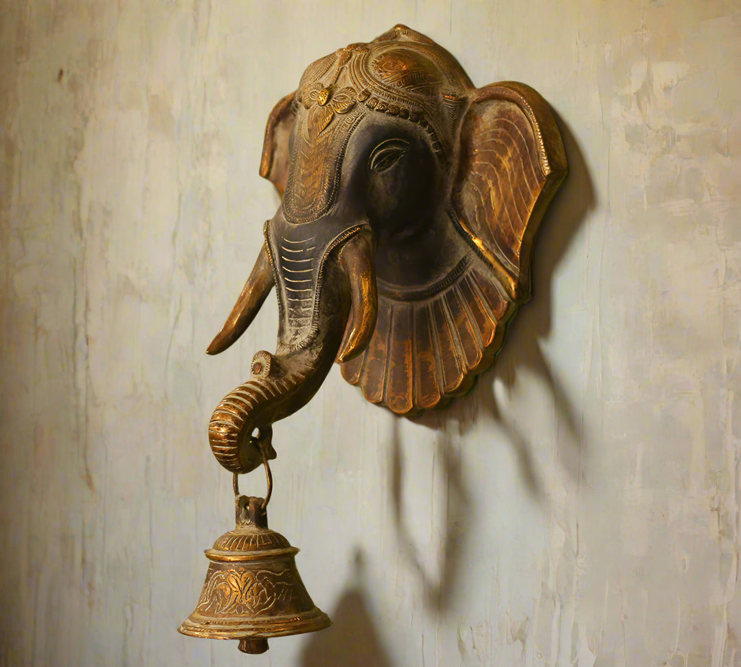 Brass Elephant Bell Wall Hanging Black n Gold