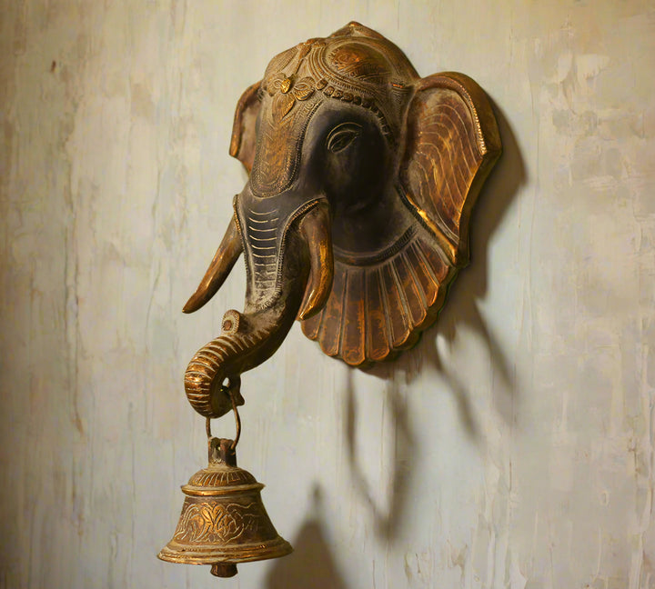 Brass Elephant Bell Wall Hanging Black n Gold
