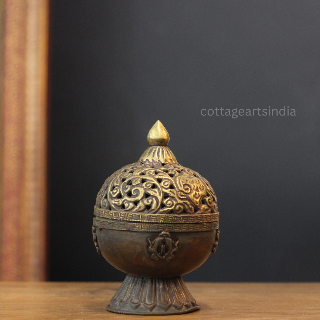 Antique Finished Copper & Brass Dhoop Dani with Tibetan Motifs