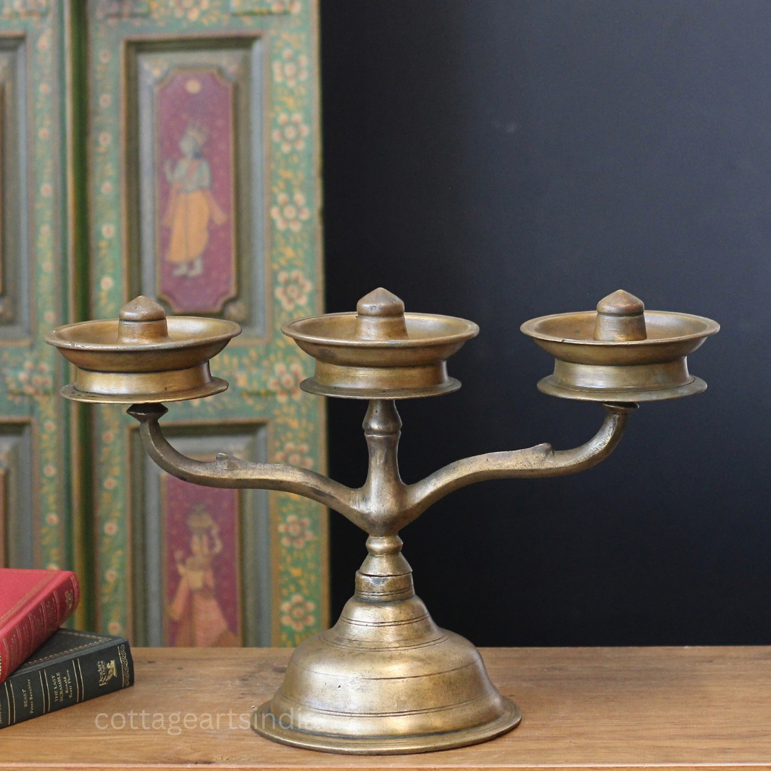 Brass Vintage Kavara Vilakku – 3 Branched Traditional Oil Lamp
