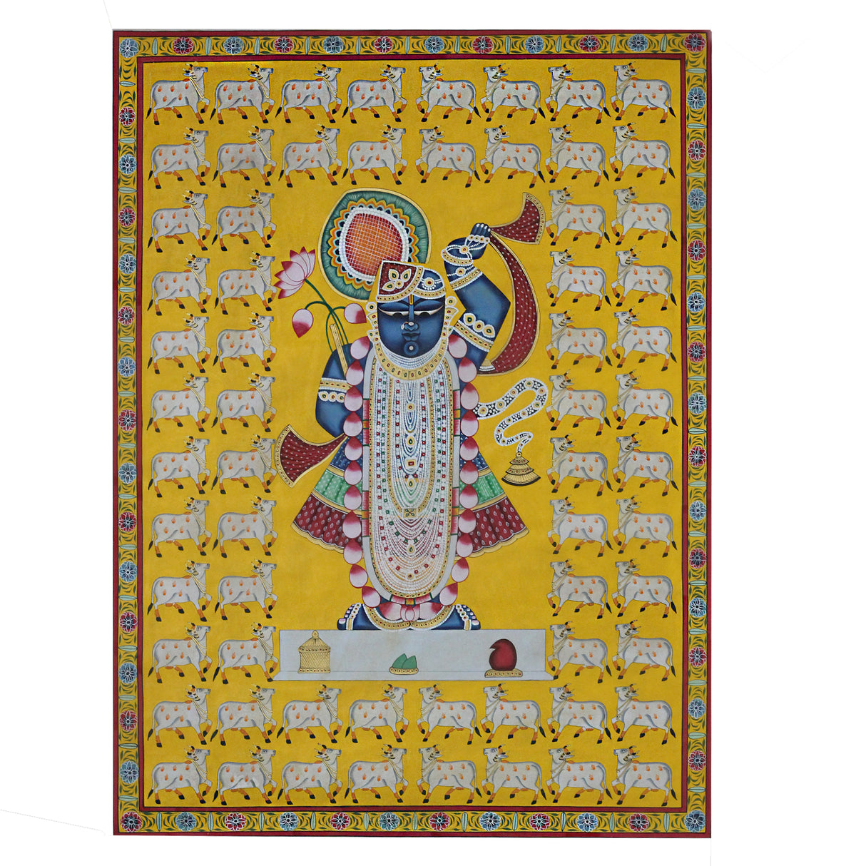 Hand-Painted Shrinathji Pichwai Painting and  Sacred Cows