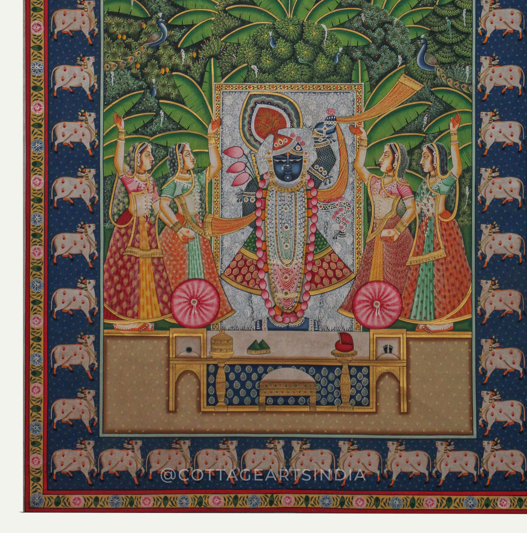 Traditional Pichwai Painting - Shrinathji in Moonlit Vrindavan Forest with Sacred Cow Border