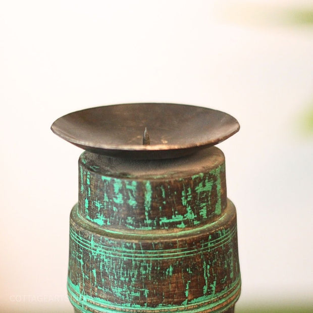 Vintage Wooden Pillar Candle Holder | Rustic Handcrafted Heritage Décor