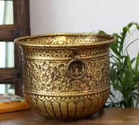 Handcrafted Brass Planter | Antique Floral Engraved Decorative Pot