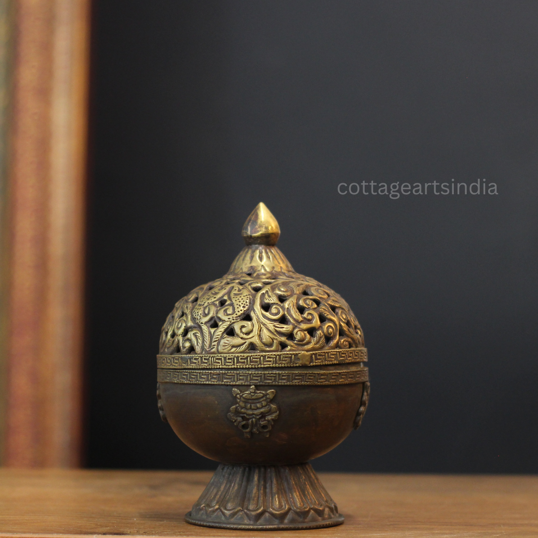 Antique Finished Copper & Brass Dhoop Dani with Tibetan Motifs