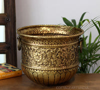Handcrafted Brass Planter | Antique Floral Engraved Decorative Pot
