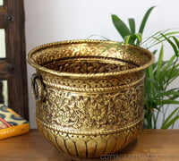 Handcrafted Brass Planter | Antique Floral Engraved Decorative Pot