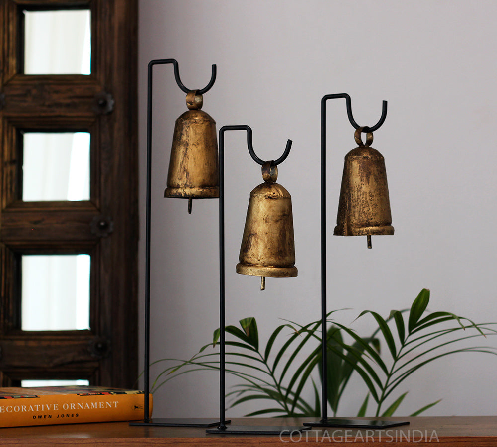 Vintage Finished Metal Bells Set of 3 on Stand