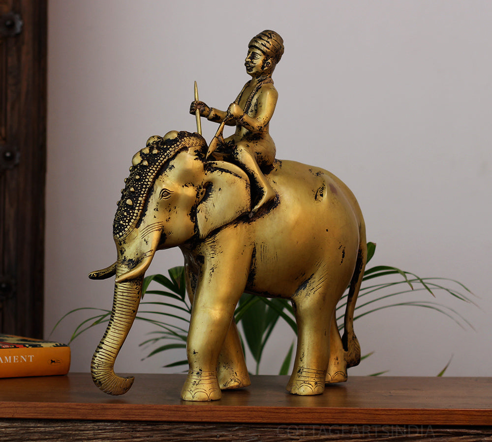 Vintage Finish Brass Elephant with Rider | Royal Heritage Décor Accent