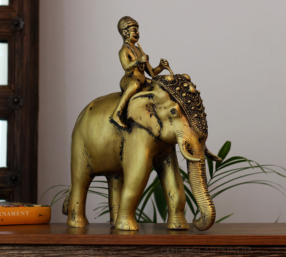 Vintage Finish Brass Elephant with Rider | Royal Heritage Décor Accent