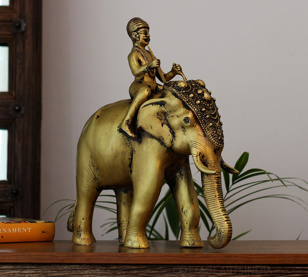 Vintage Finish Brass Elephant with Rider | Royal Heritage Décor Accent