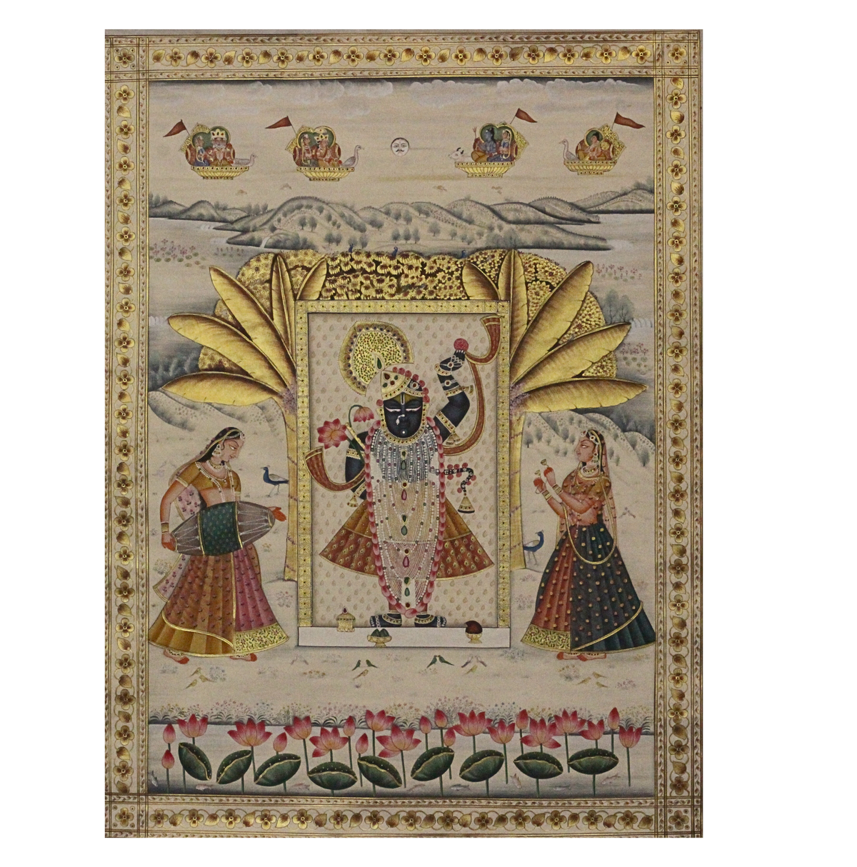 Shrinathji with Gopis – Pichwai Devotional Garden Scene