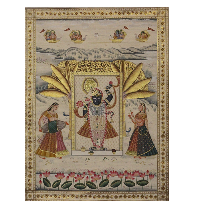 Shrinathji with Gopis – Pichwai Devotional Garden Scene