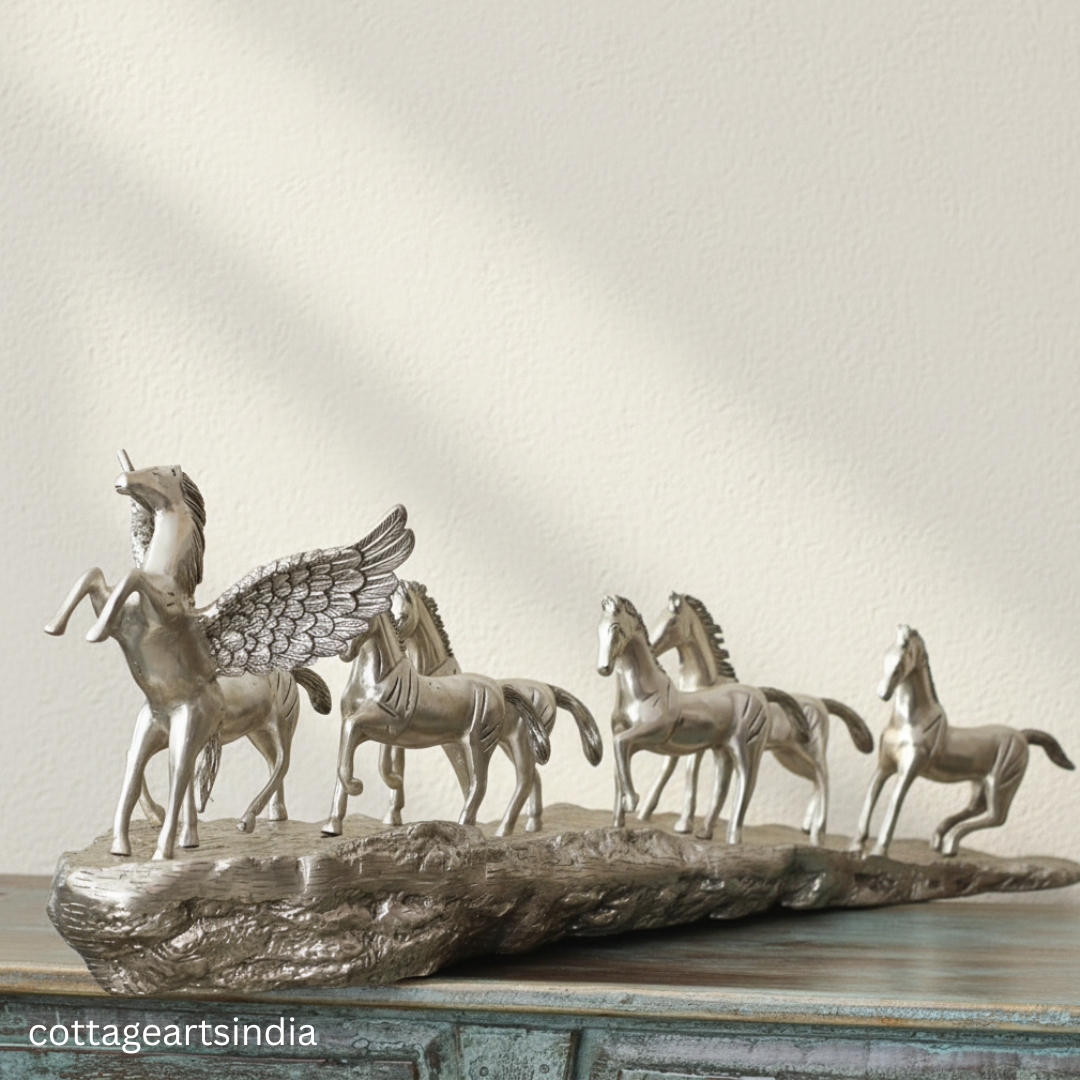 Silver Plated Brass 7 Horse Statue | Vastu Horse Sculpture for Home Décor