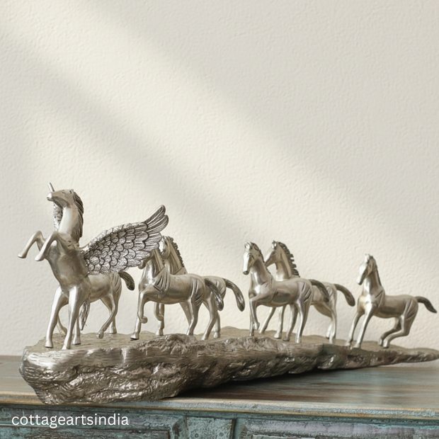 Silver Plated Brass 7 Horse Statue | Vastu Horse Sculpture for Home Décor