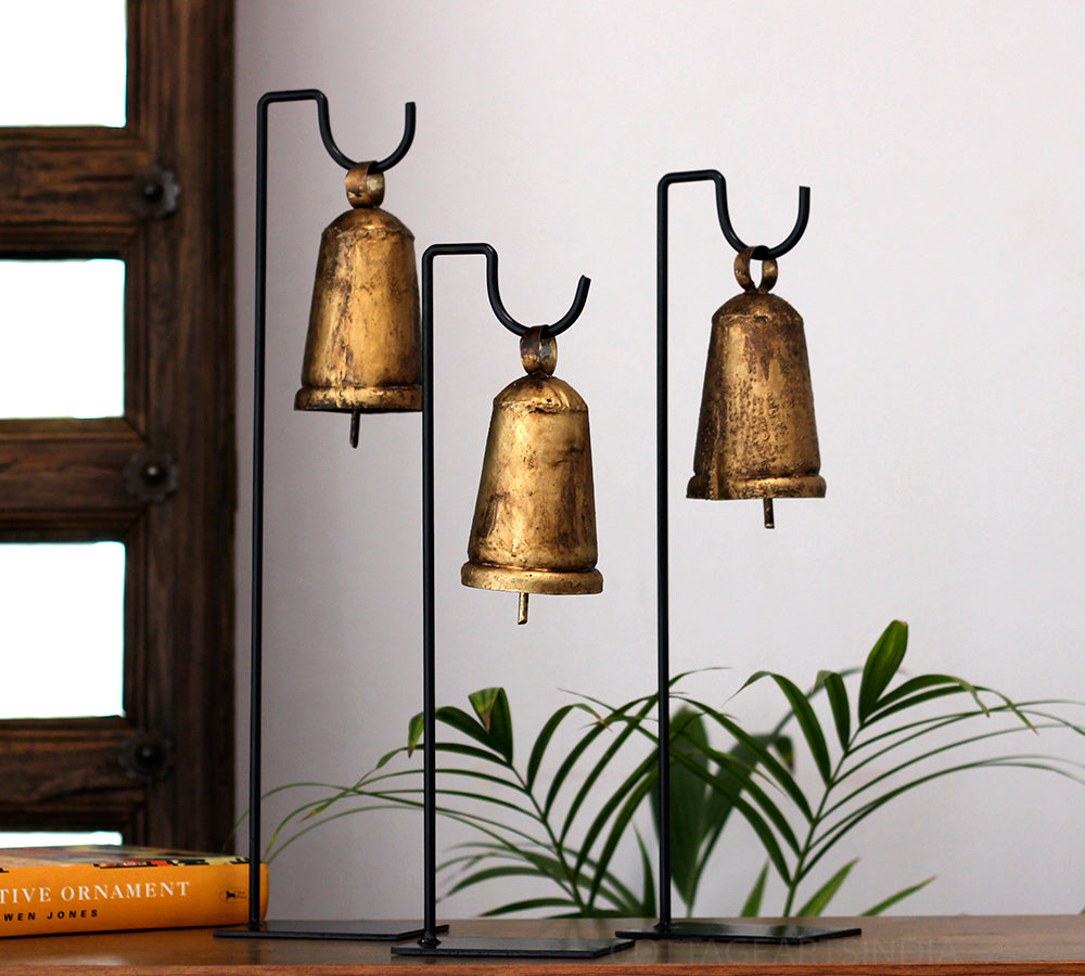 Vintage Finished Metal Bells Set of 3 on Stand