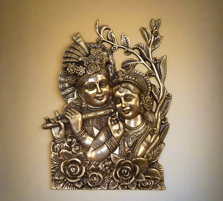 Brass Radha Krishna Wall Art – Divine Harmony in Brass