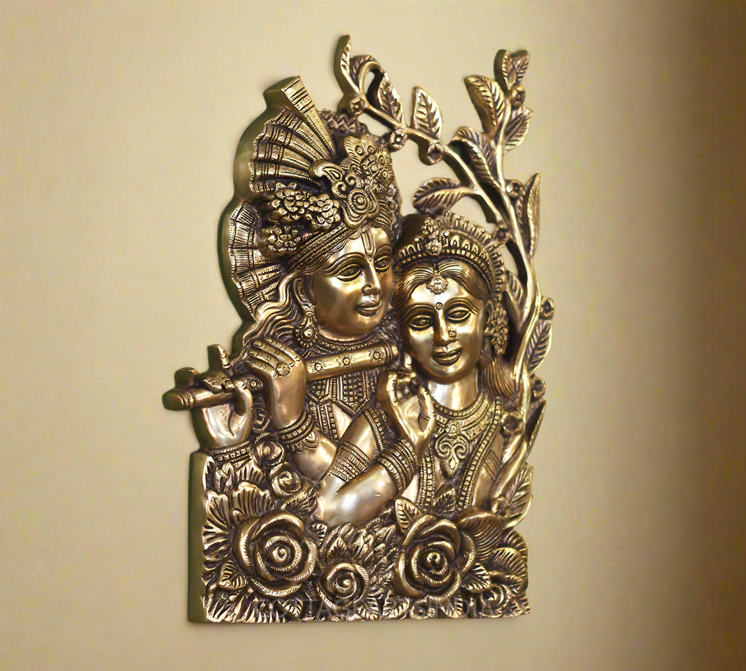 Brass Radha Krishna Wall Art – Divine Harmony in Brass