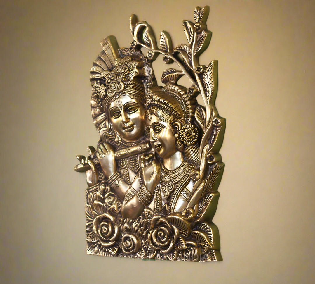 Brass Radha Krishna Wall Art – Divine Harmony in Brass