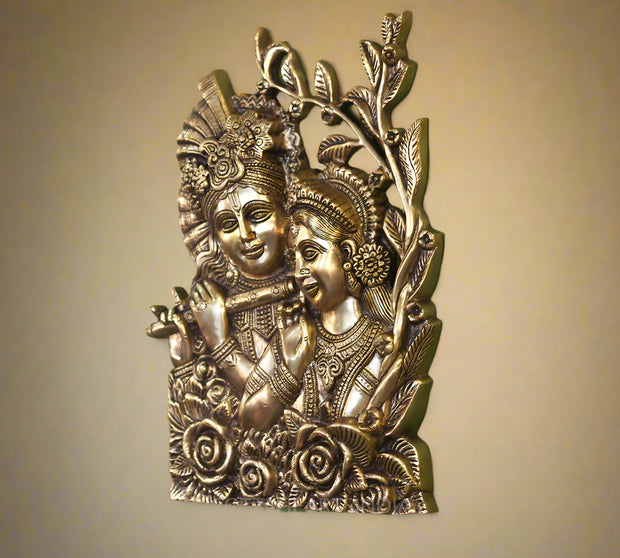 Brass Radha Krishna Wall Art – Divine Harmony in Brass