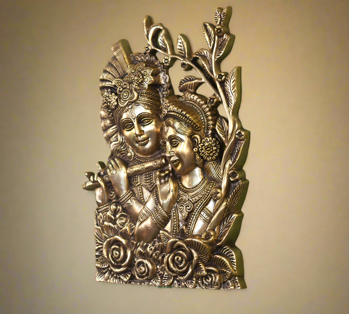 Brass Radha Krishna Wall Art – Divine Harmony in Brass