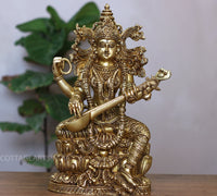 Brass Saraswati Seated On Lotus -Exceptional Fine Carving