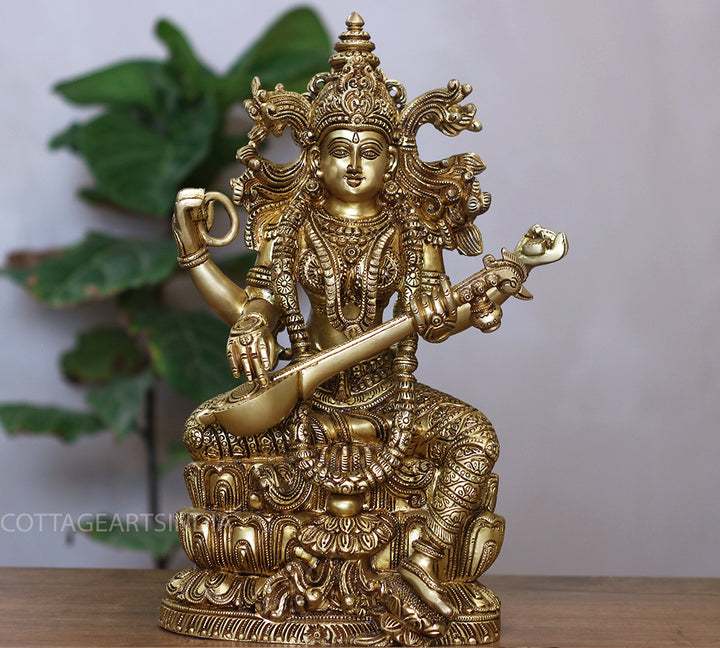 Brass Saraswati Seated On Lotus -Exceptional Fine Carving