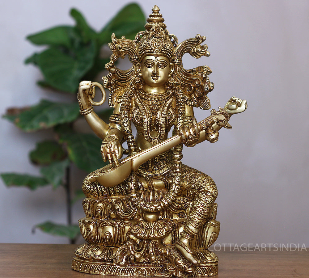 Brass Saraswati Seated On Lotus -Exceptional Fine Carving