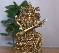 Brass Saraswati Seated On Lotus -Exceptional Fine Carving