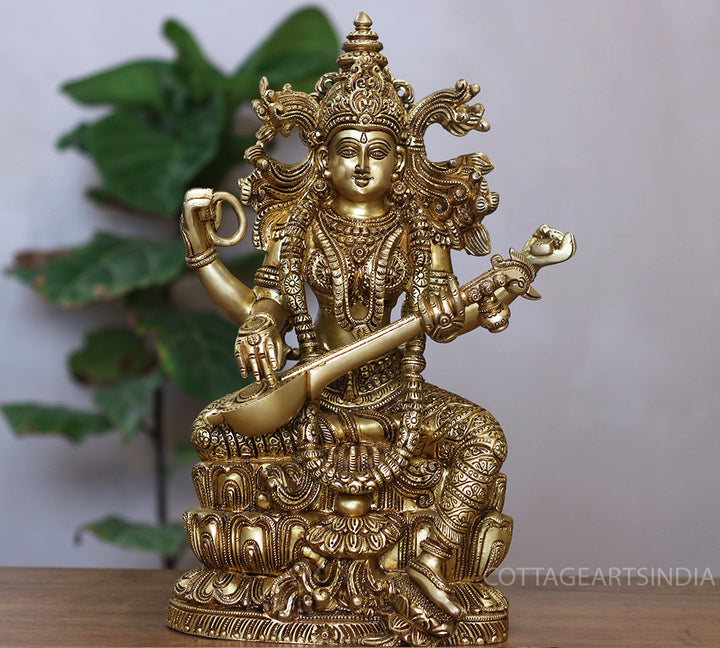 Brass Saraswati Seated On Lotus -Exceptional Fine Carving