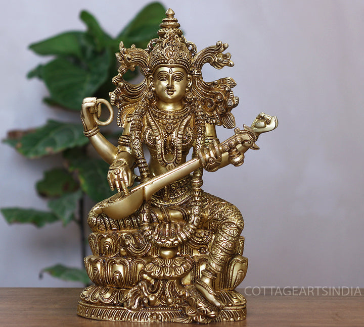 Brass Saraswati Seated On Lotus -Exceptional Fine Carving