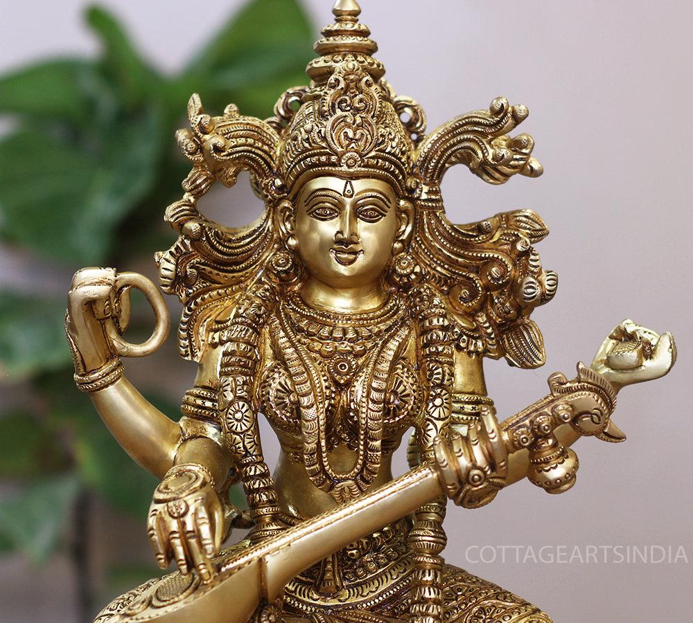 Brass Saraswati Seated On Lotus -Exceptional Fine Carving