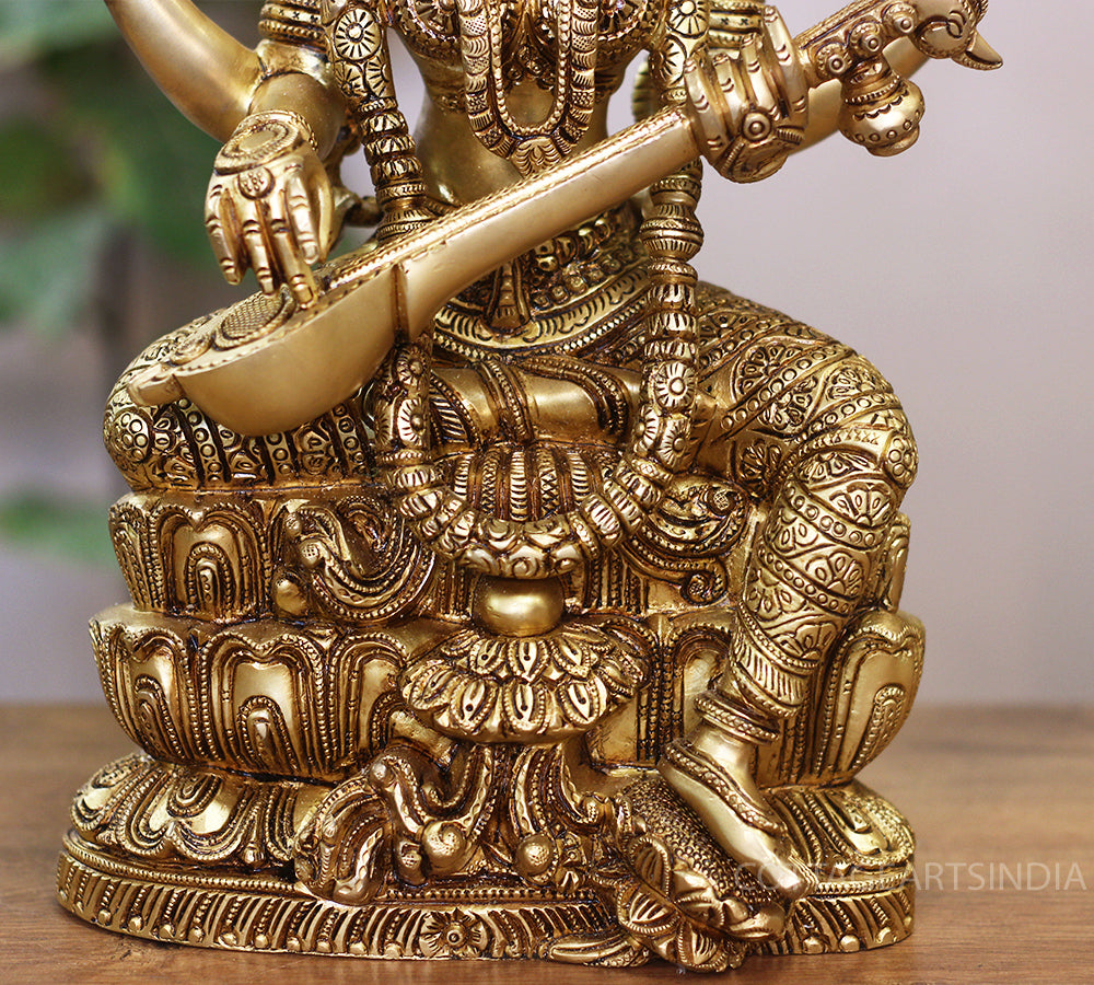 Brass Saraswati Seated On Lotus -Exceptional Fine Carving