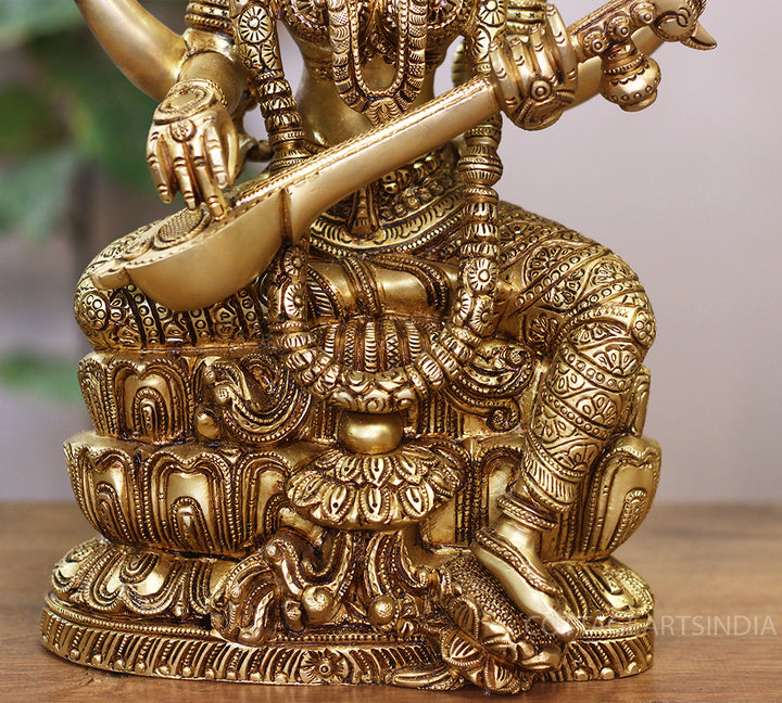 Brass Saraswati Seated On Lotus -Exceptional Fine Carving