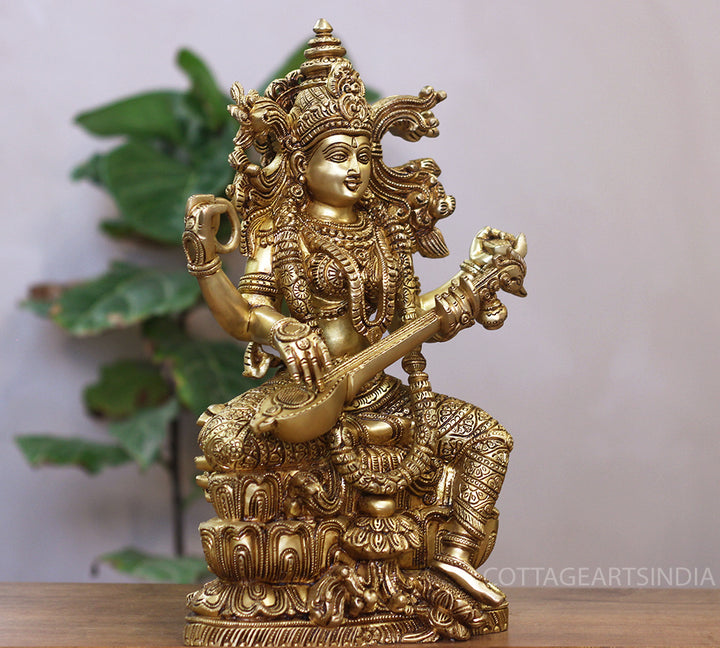 Brass Saraswati Seated On Lotus -Exceptional Fine Carving