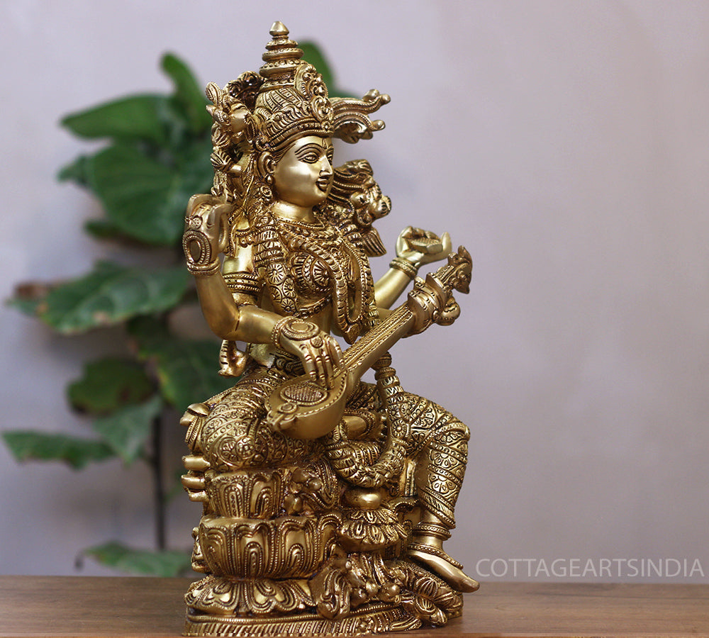 Brass Saraswati Seated On Lotus -Exceptional Fine Carving