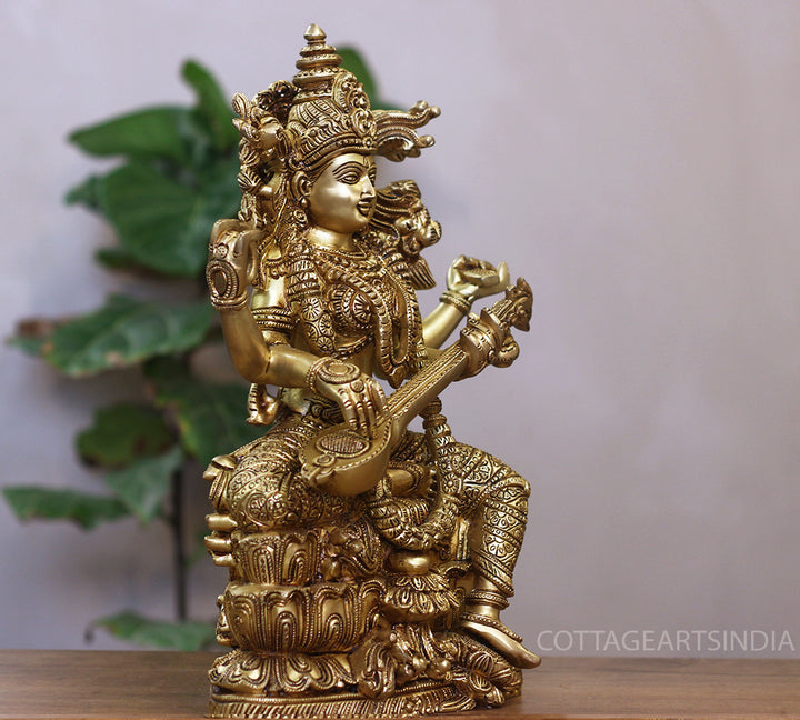 Brass Saraswati Seated On Lotus -Exceptional Fine Carving