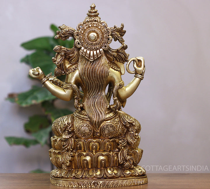 Brass Saraswati Seated On Lotus -Exceptional Fine Carving