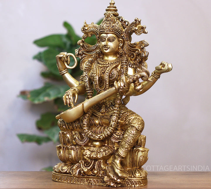 Brass Saraswati Seated On Lotus -Exceptional Fine Carving